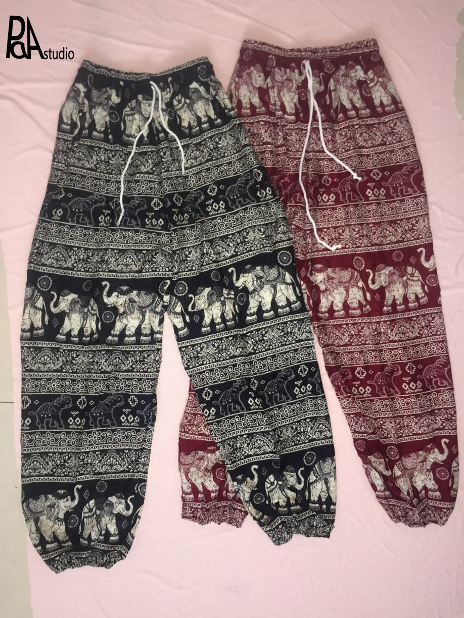 

Folk Elephant Thailand Elastic Drawstring Waistband Straight Wide Leg Bloomers Pants Tracksuit Trouser Pantalon Deporte Ioga, As photo 5 black 2