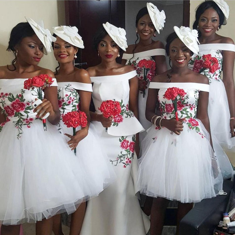 

Embroidery Floral White Short Bridesmaid Dresses Bateau Neck Satin Tulle Puffy Skirt African Bridesmaid Gowns Wedding Guest Dresses