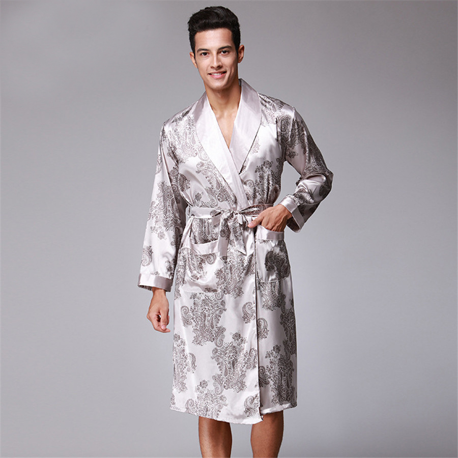 

Men Robe 2018 Spring New Kimono Bathrobe Gown Faux Silk Robes Long Sleeve Home Clothes Male Sleewear Bath Geisha L  XXL, Camel