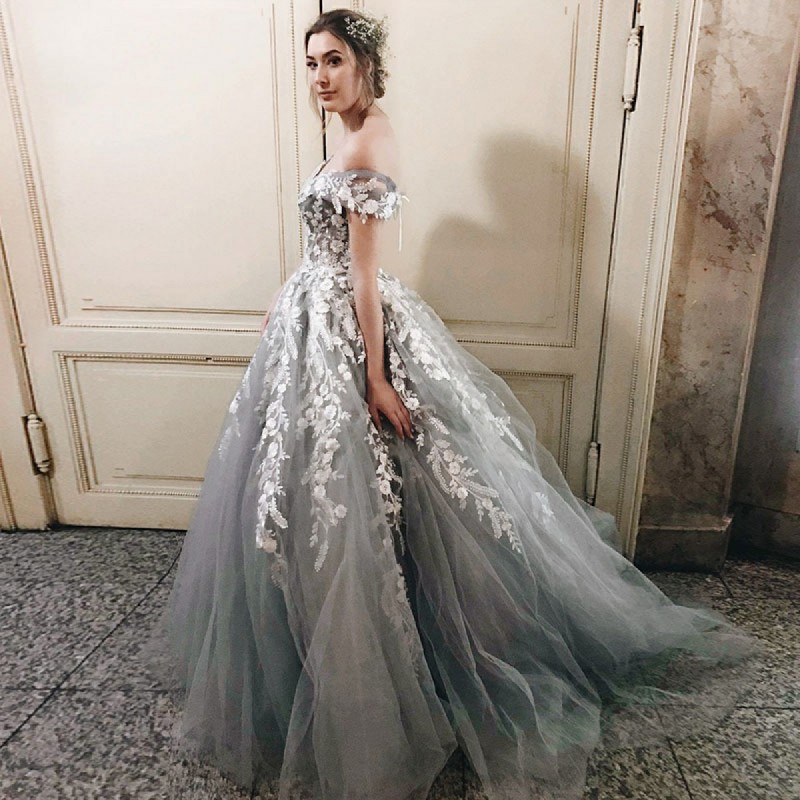 

Gray Ball Gown Prom Dresses 2018 Off The Shoulder Appliques Tulle Plus Size Formal Prom Dresses Lace Up Sweep Train, Water melon