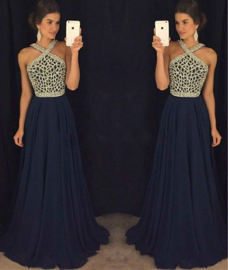 Modest Halter Navy Blue Evening Dresses Chiffon Beaded Crystal Arabia Vestidos De Festa Long Party Dress Prom Formal Pageant Celebrity Gowns