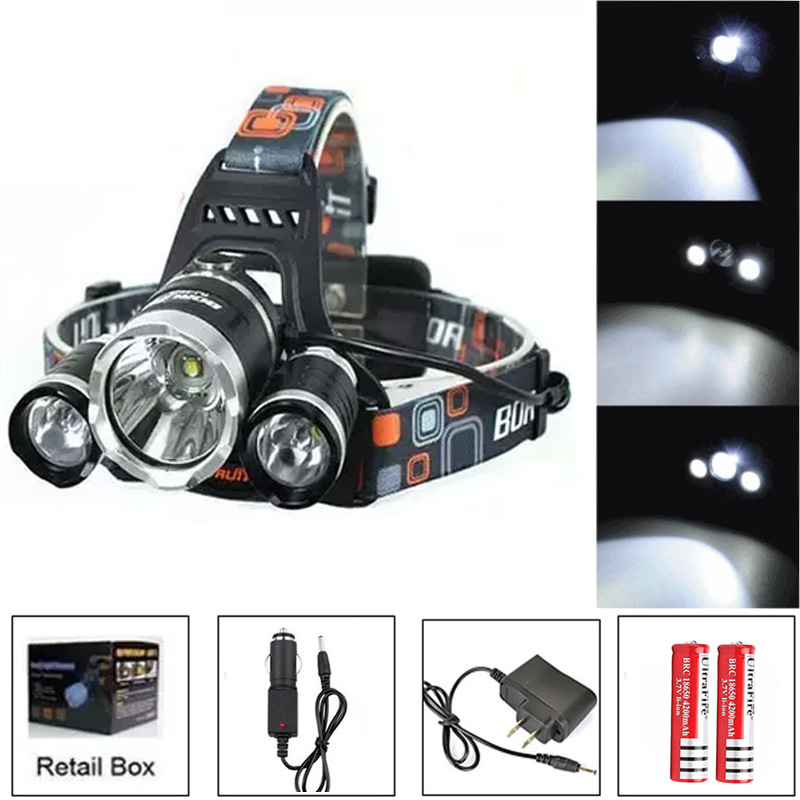 

6000Lm CREE XML T6+2R5 LED Headlight Headlamp Head Lamp Light 4-mode torch +2x18650 battery+EU/US/AU/UK Car charger for fishing Lights