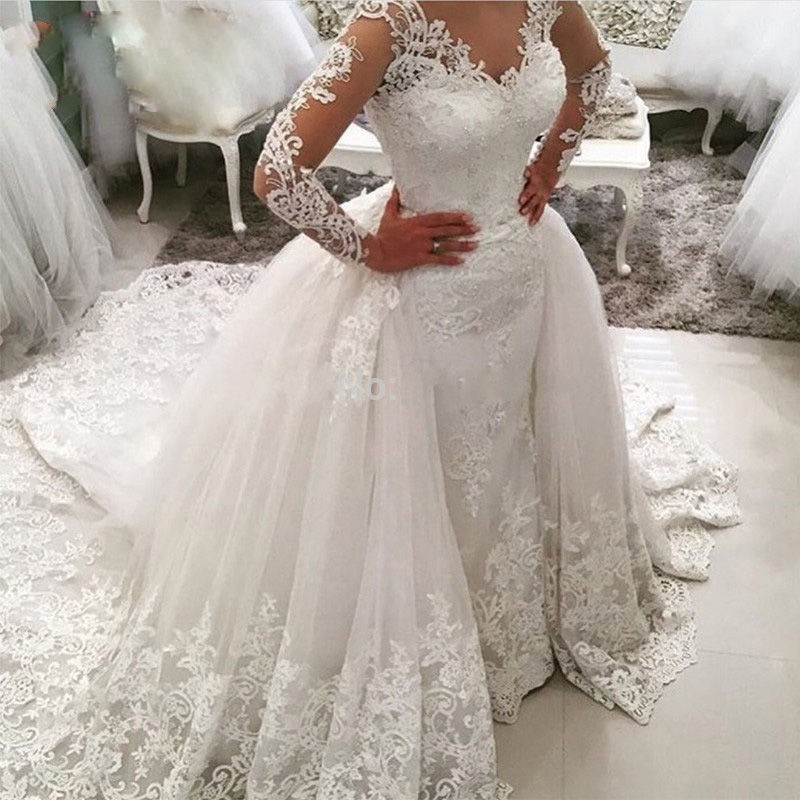 

New Style V Neck Long Sleeve Lace Wedding Dress with Detachable Skirt Factory Custom Make Bridal Dresses Vestido De Novia High Quality Gown, Pink