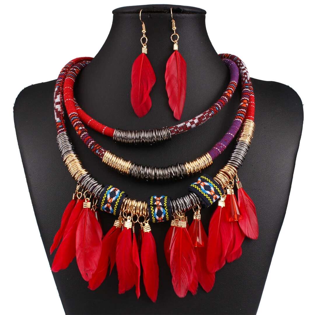 feather jewelry sets fringe cloth Necklace Earrings women multi-layer alloy jewelry Fashionable Accessories three colors red blue black-image-427046692