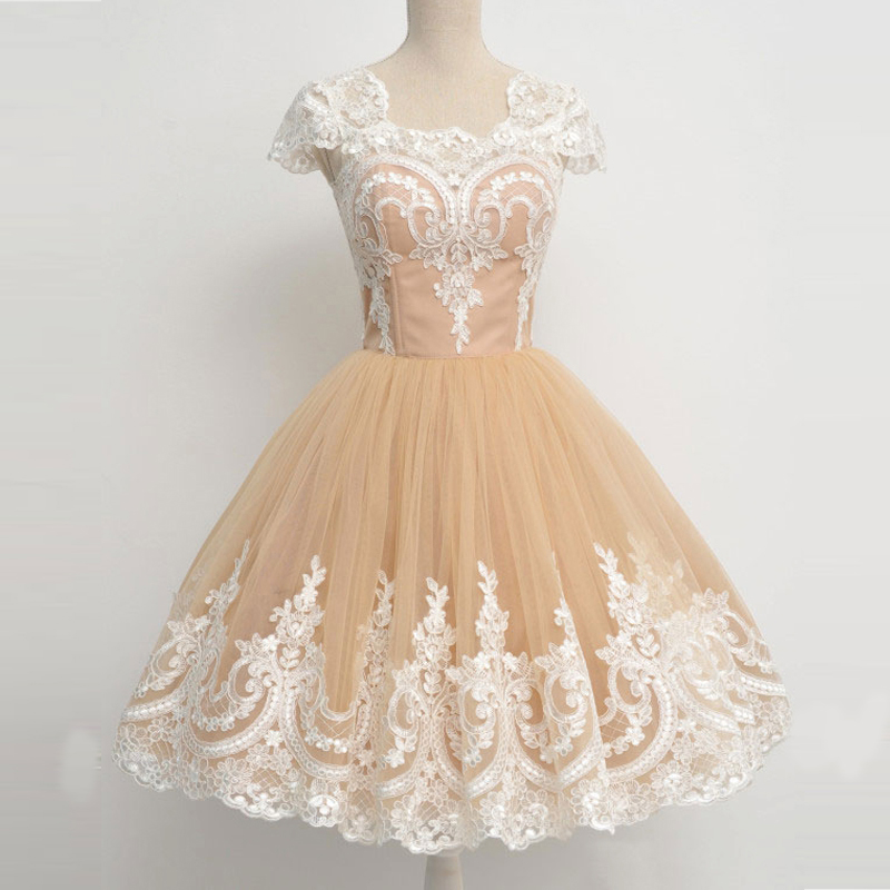 

Vintage Short Prom Dress Sheer Jewel Neck Cap Sleeves Champagne Tulle Ivory Lace Appliques Homecoming Graduation Party Gowns Zipper Back, Yellow