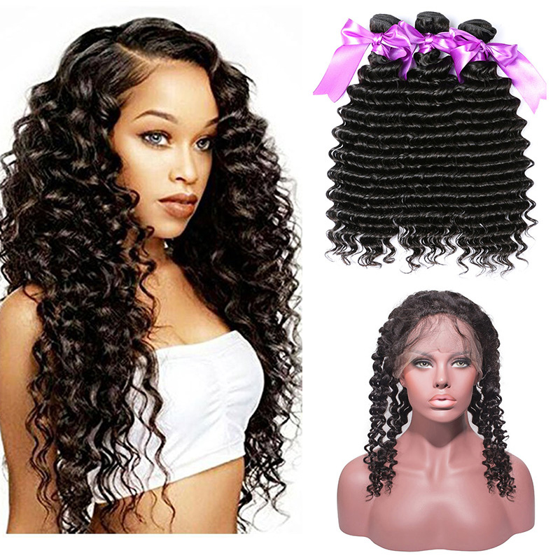 

Cheap Brazilian Virgin Hair Bundles Deep Wave Hair 360 Lace Frontal with 3 Bundles 100% Unprocessed Virgin Human Hair Extensions Deals, Natural color