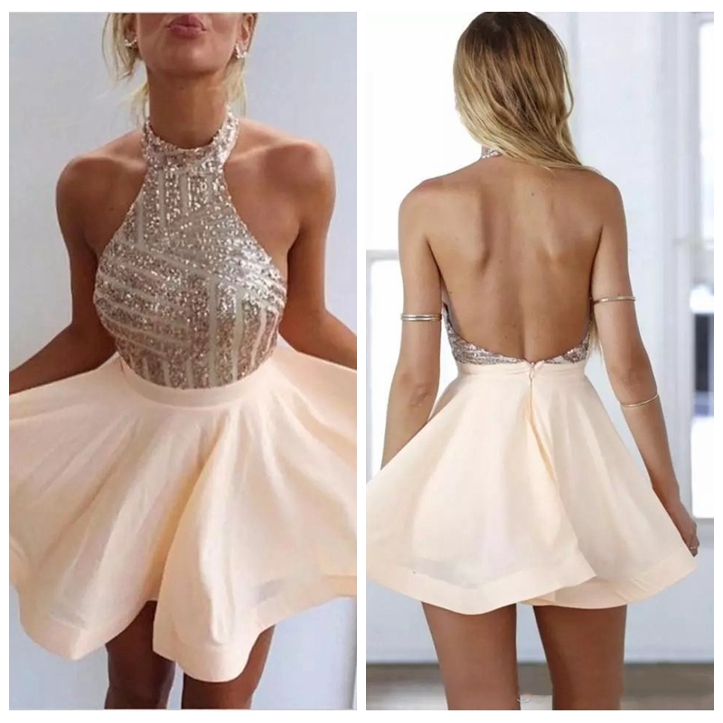 

2018 Halter Short Mini Homecoming Dresses Sexy Backless Sequins Top Bodice Sexy Backless A-line Custom Party Prom Evening Gowns, White