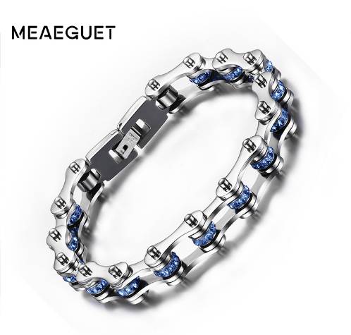 

Meaeguet Blue Crystal Bike Chain Bracelets Bangles 316L Stainless Steel Chain Biker Bracelets Men Jewelry
