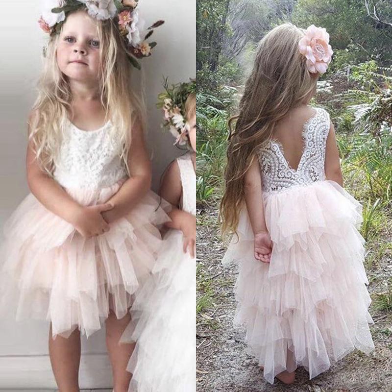 

Romantic 2018 Boho Country Flower Girl Dresses For Weddings Cheap Crew Ivory Lace Blush Pink Tulle Tiered Girls Formal Gown EN2204, Yellow