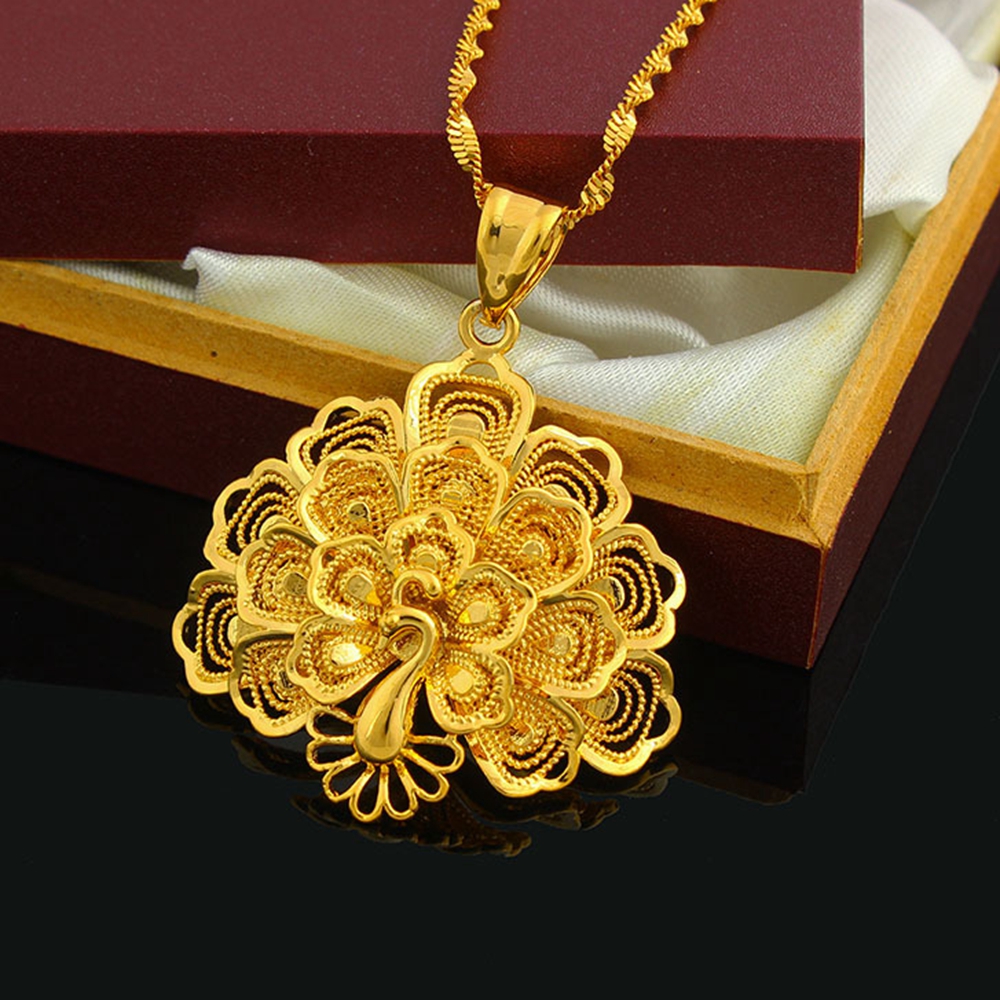 Peacock Pendant Chain Vivid Animal Solid 18k Yellow Gold Filled Womens Jewelry Beautiful Gift Fashion Accessories-image-413974510