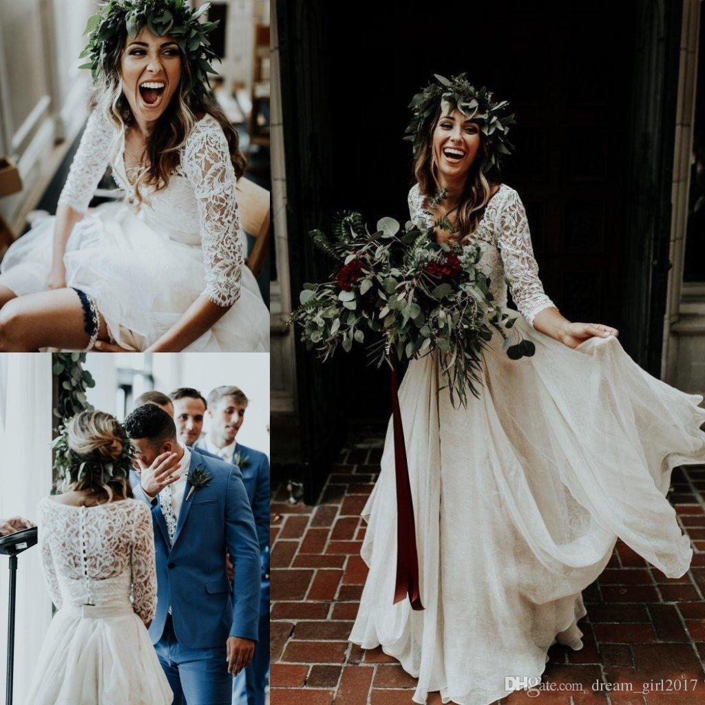 

Beautiful Long Sleeve A-Line Two Pieces Beach Country Wedding Dresses 2019 Chiffon Ruffles Lace Top Boho Custom Made Bohemian Bridal Gown, Ivory