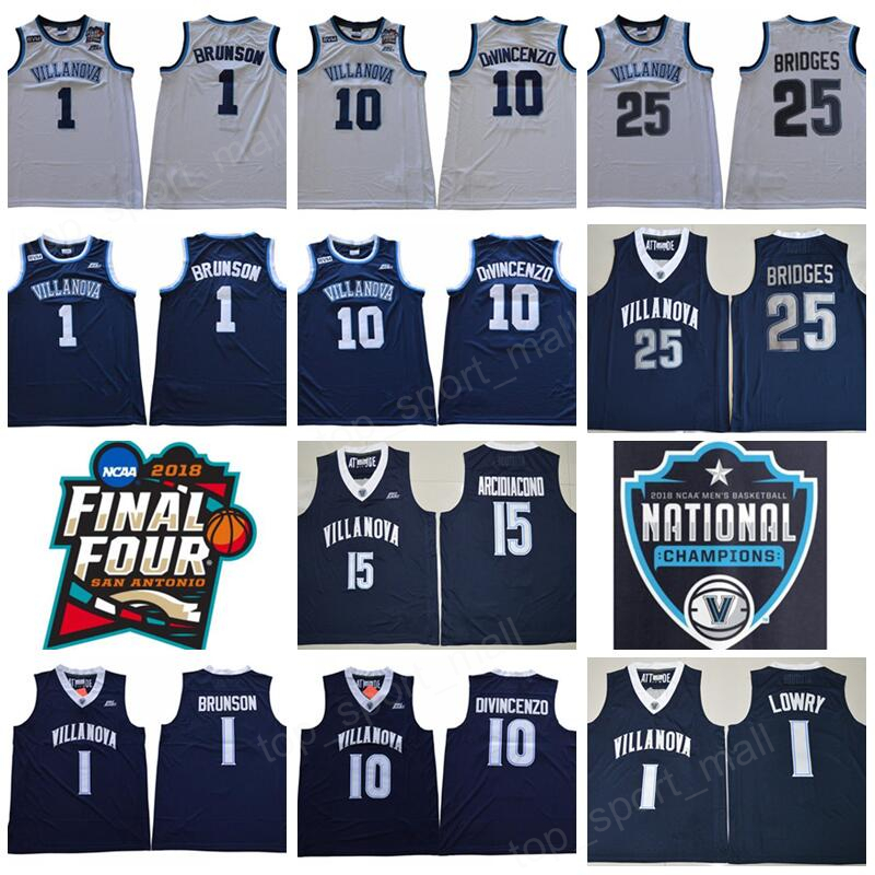 

NCAA Basketball Final Four Villanova Wildcats Jersey 1 Jalen Brunson 10 Donte DiVincenzo 25 Mikal Bridges White Navy Champions RVM Patch Men, 25 white