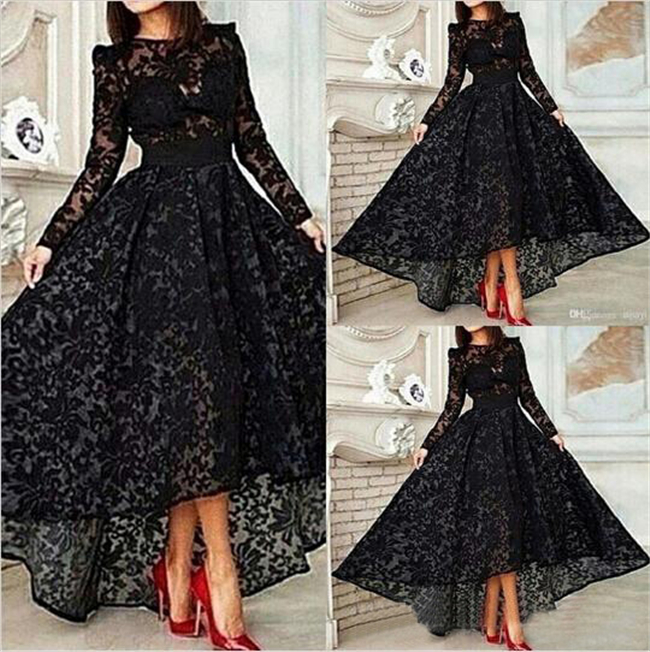 

Black Full Lace Prom Evening Dresses with Long Sleeve High Low Little Black Dress Ilusion Bodice Party Gowns, Same as picture