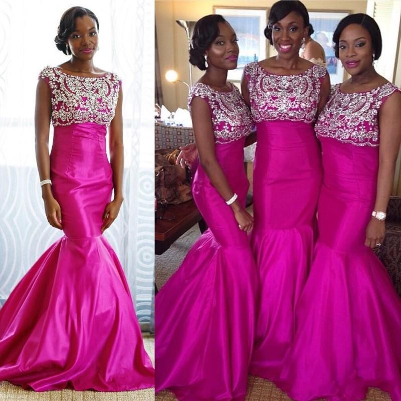 

2018 Fuchsia Mermaid Bridesmaid Dresses Scoop Lace Cap Sleeves Backless Beaded Crystal Sweep Train African Wedding Guest Maid of Honor Gowns