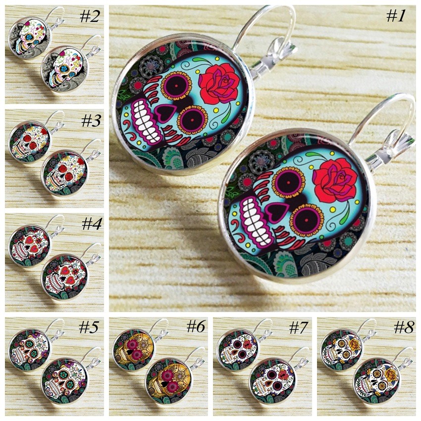 

Sugar Skull Earring Halloween Skull Ear Studs Sugar Skulls Glass Cabochon Earrings Jewelry Gifts For unisex