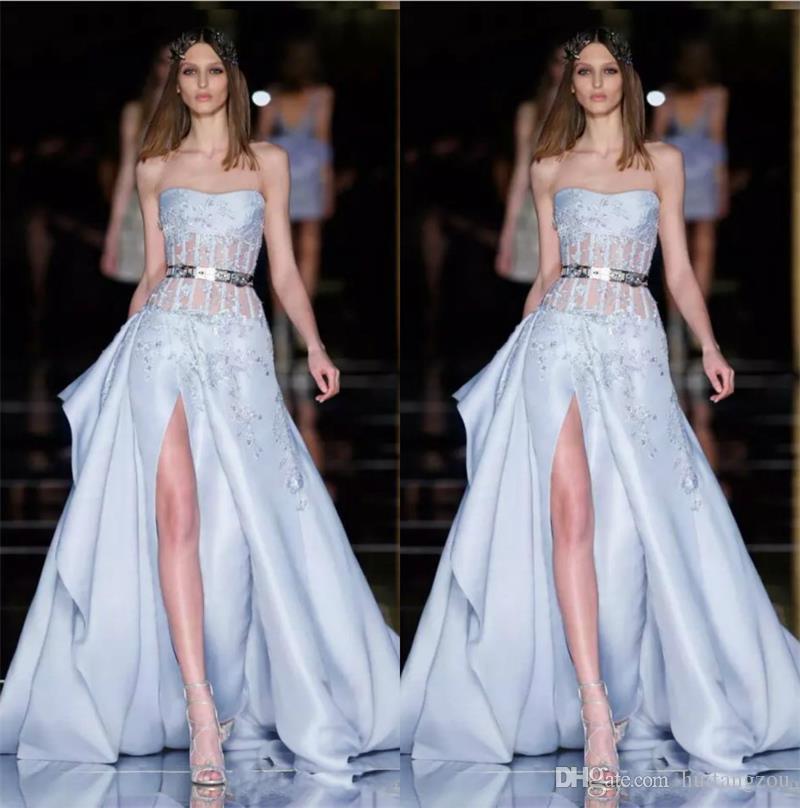 

Elegant Zuhair Murad Prom Dresses Floor Length Strapless Sexy High Side Split Corset Formal Party Evening Gowns Custom Made, Red