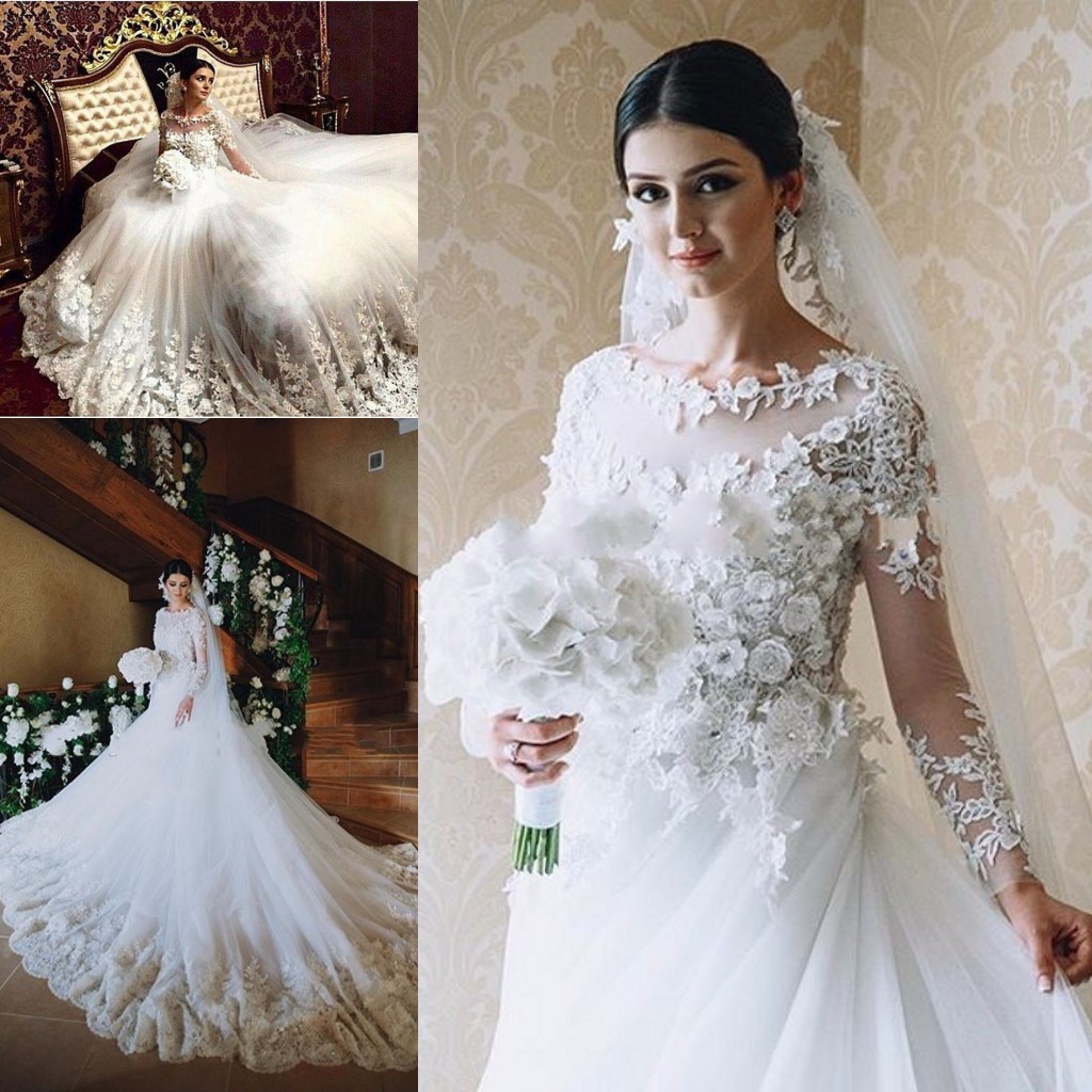 

Bridal Gowns Wedding Dresses Scoop Vintage Long Sleeves Sweep Train Arabic Muslim Islamic Wedding Dress Lace Appliques, White