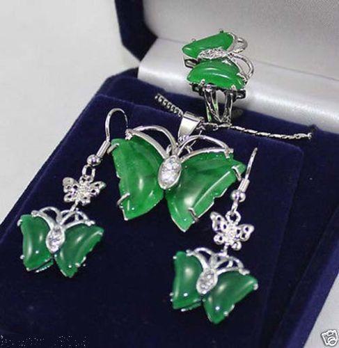 

Set Pretty 18KGP butterfly green jade pendant Necklace earrings ring<<<free shipping, Light green