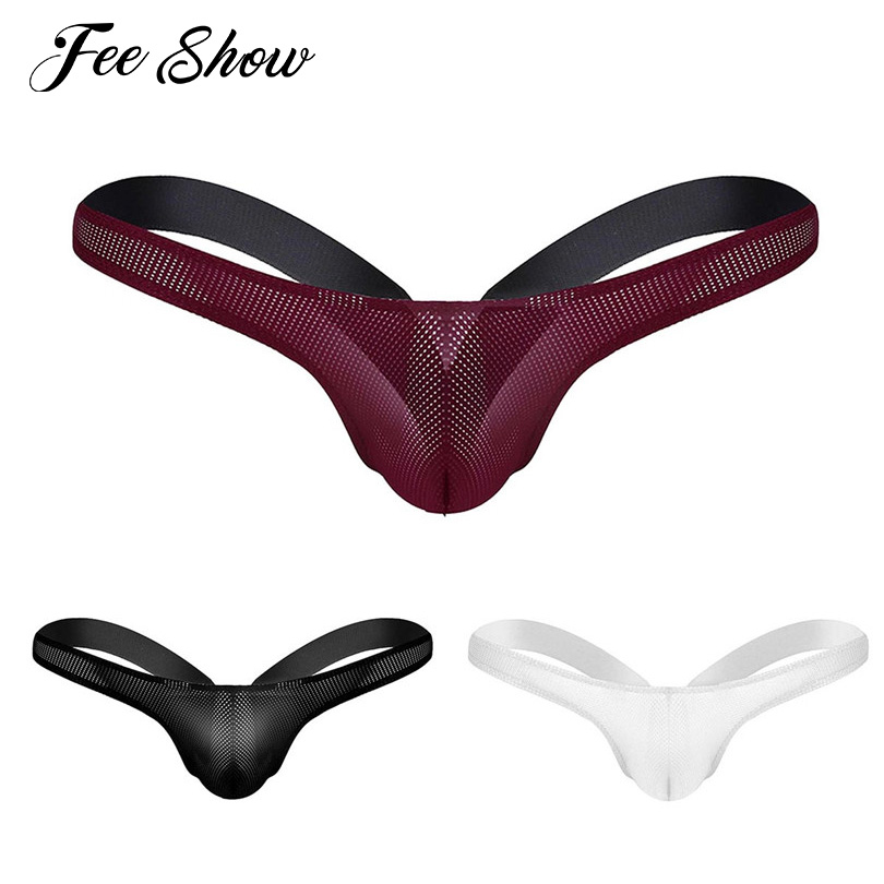 

FEESHOW Mens Mesh See Through Mesh Stretchy Briefs Elastic Waistband Open Back Jockstrap Bikini G-string Thong Briefs Underwear, Black
