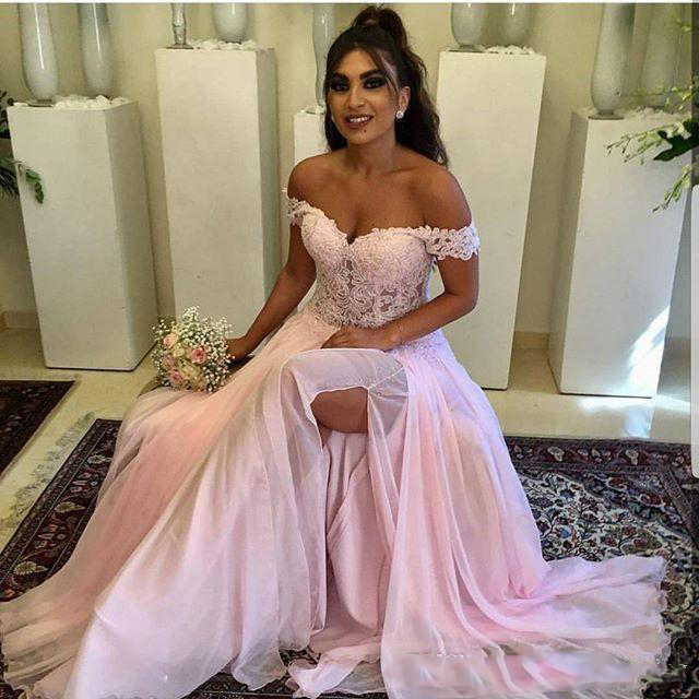 

High Split Chiffon Prom Dress Long Light Pink Cheap Party Formal Dresses Off-Shoulder Straps Lace Sweetheart Special Gown, Multi