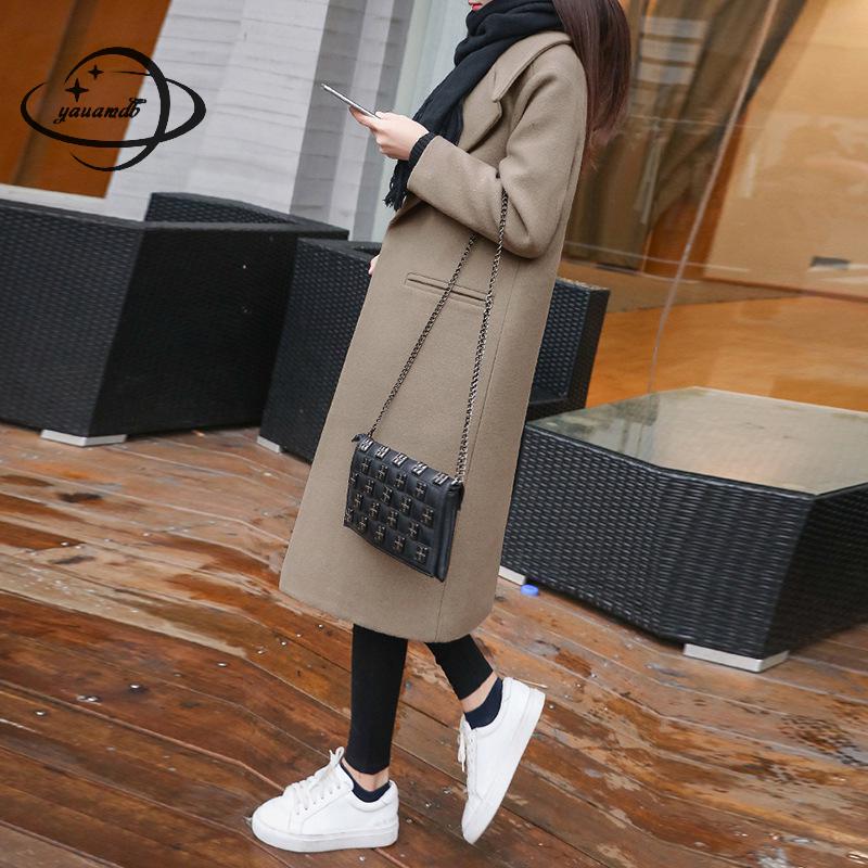 

YAUAMDB women wool spring autumn -2XL female woolen coat blends turn-down collar jacket solid pocket slim long outwear ly64, Black