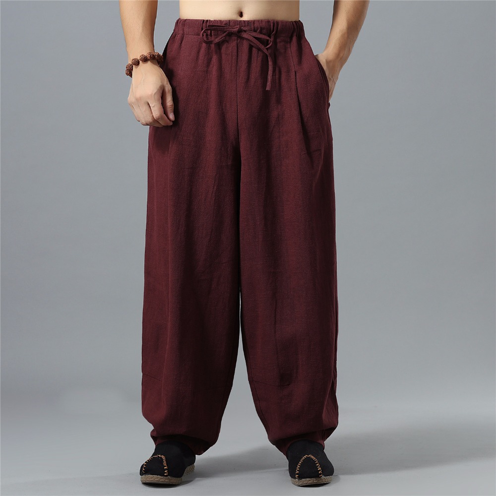 

LZJN Pants Flax Long Trousers Elastic Waist with Drawstring Linen Bloomers Traditional Chinese Mens Trousers MF-64, Wine red