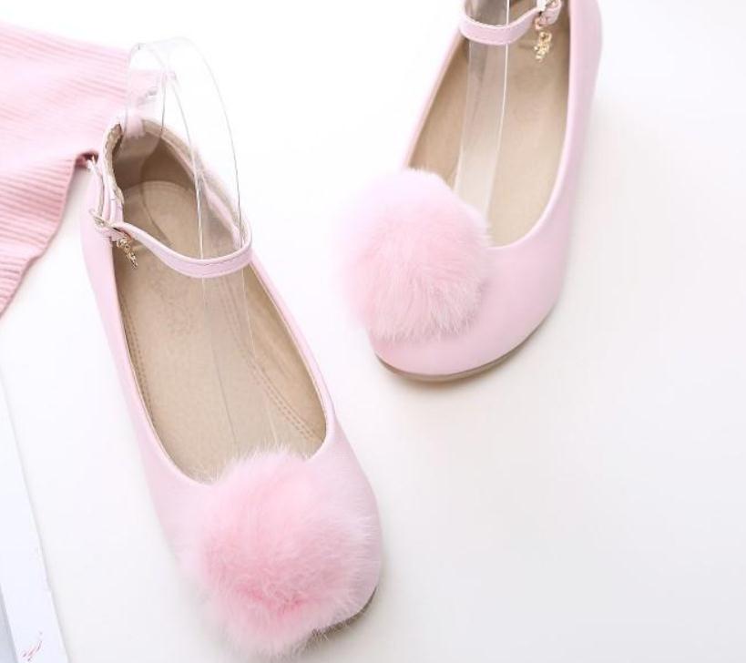 

Free send 2018 spring and Autumn new style Women's Low-heel Slope heel Single shoes Hair ball round head Princess shoes, Pink