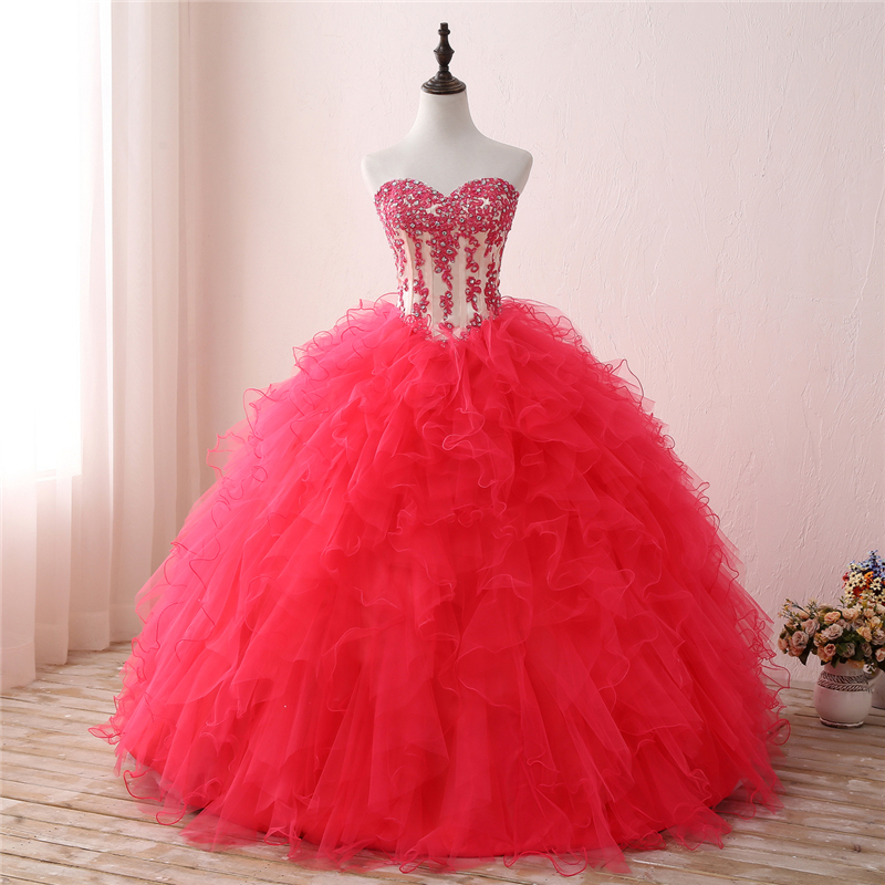 

2018 New Fuchsia Ball Gown Quinceanera Dresses Beaded Prom Sweet 16 Dress Plus Size Lace Up Vestido De 15 Anos Q77, Champagne