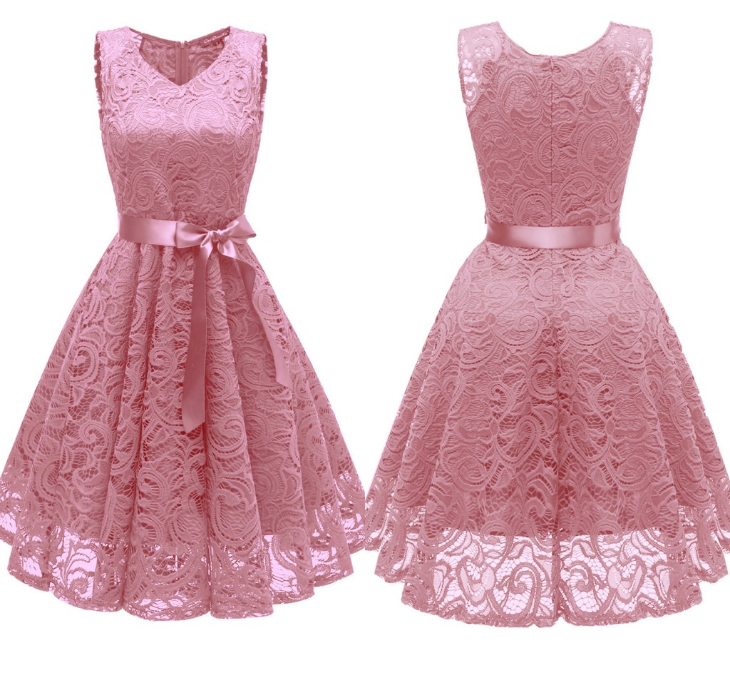 Bon marché Robe de demoiselle d'honneur rose rose V eccolaire une ligne en dentelle courte longueur genou de mariage formelle robes de soirée de