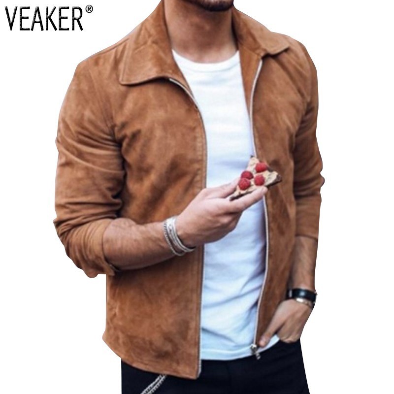 2018 New Men's Slim Fit Suede Jacket Coat Male Autumn Turn down Collar Zipper Jackets Coat Solid Color Outerwear S-3XL