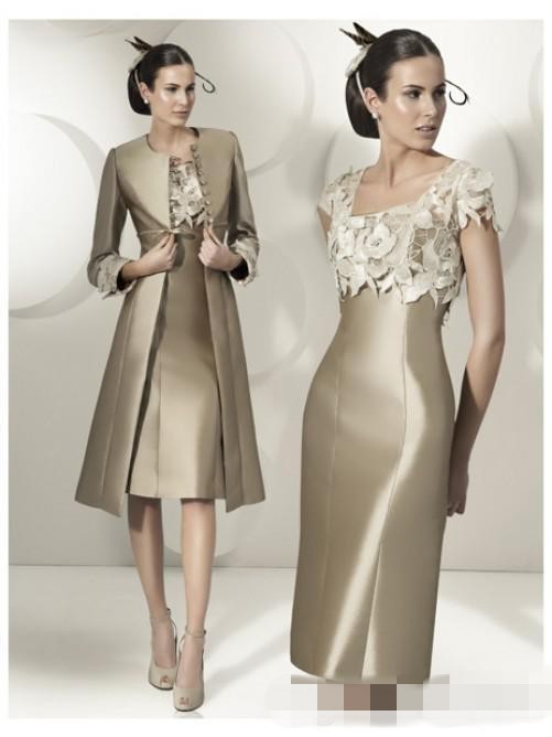 

2019 Long Sleeves Satin With Jacket Mother of the Bride Dresses Jewel Neck Lace Appliques Tea Length Sheath Wedding Guest Prom Evening Gowns