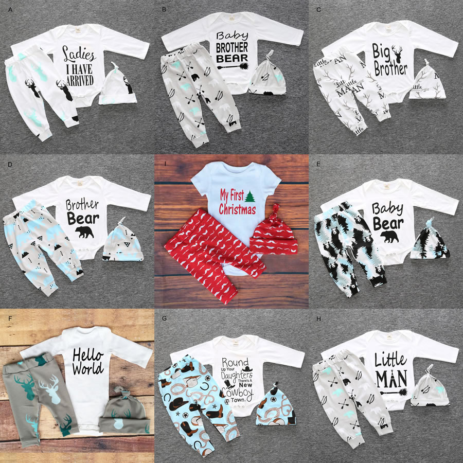 

Christmas My First Birthday Outfits For Baby Boy Girl Set Clothing New Born Long Sleeve Deer Bodysuit+Pant+Hat 3pc Suit Costume, White