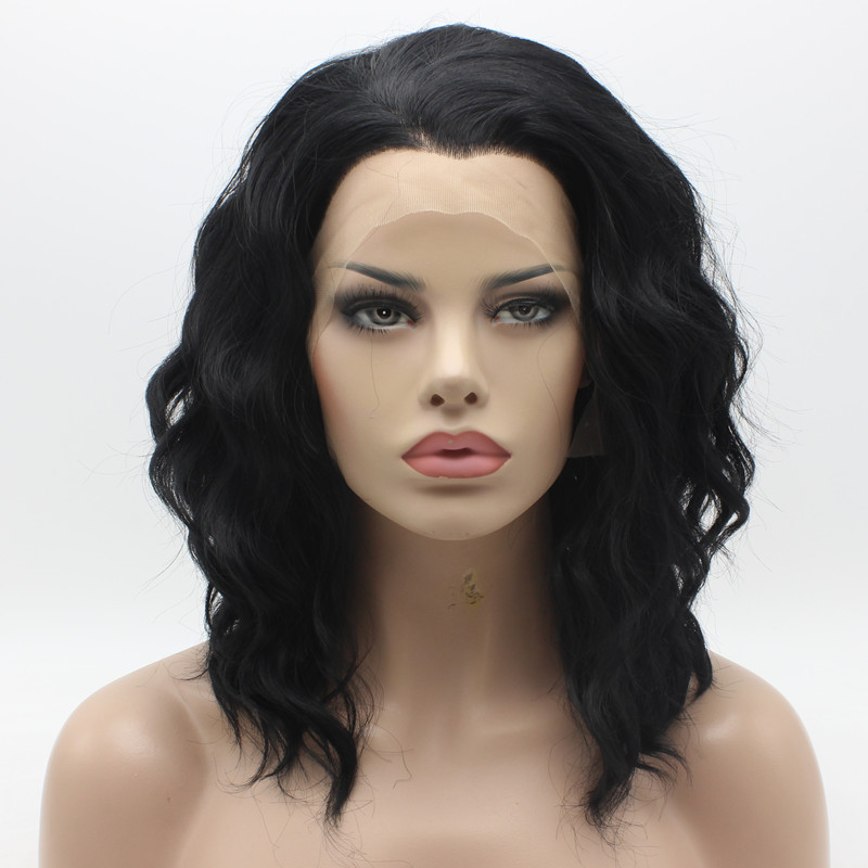 

Iwona Hair Natural Wavy Medium Long Jet Black Wig 17#1 Half Hand Tied Heat Resistant Synthetic Lace Front Wig
