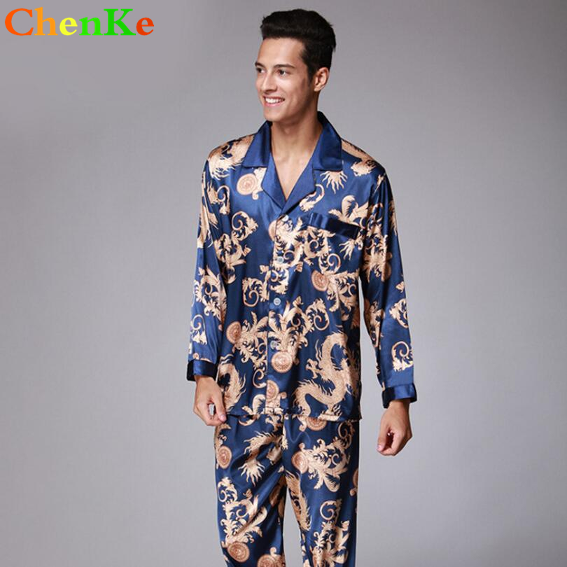 ChenKe Luxury pajamas Sets Men With Pockets Dragon Robe Pattern Sleepwear Silk Satin Men's Lounge Pajamas Set Plus Size 2XL