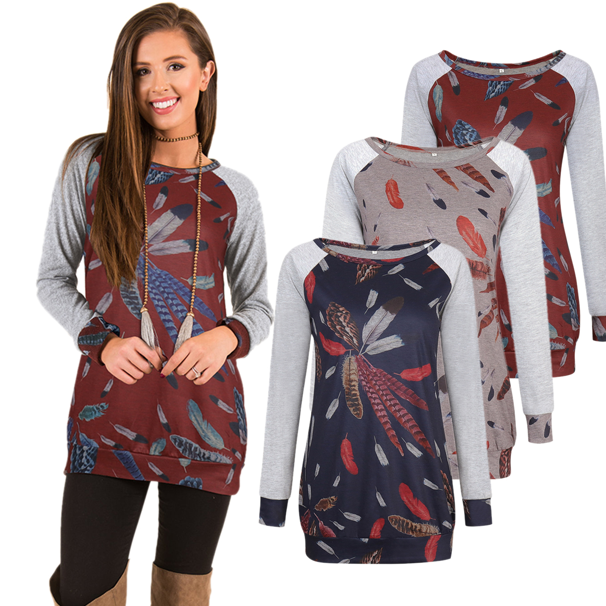 

Women feather printed sweatshirt spring autumn long sleeves printed pullovers women crew neck t-shirt cotton tops AM126, Gray