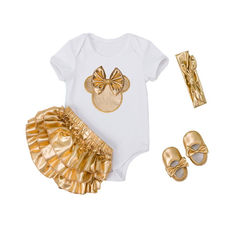 4pcs / Sets Bébé Fille Vêtements Ensembles Infantile Nouveau-Né Vêtements Coton Barboteuses À Volants Bloomers Chaussures Bandeau Ropa De Bebes I