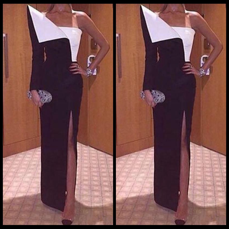 2018 New Cheap Sheath Evening Dresses with Side Split One Shoulder Long Sleeves Black and White Asymmetrical Modern Party Prom Gowns
