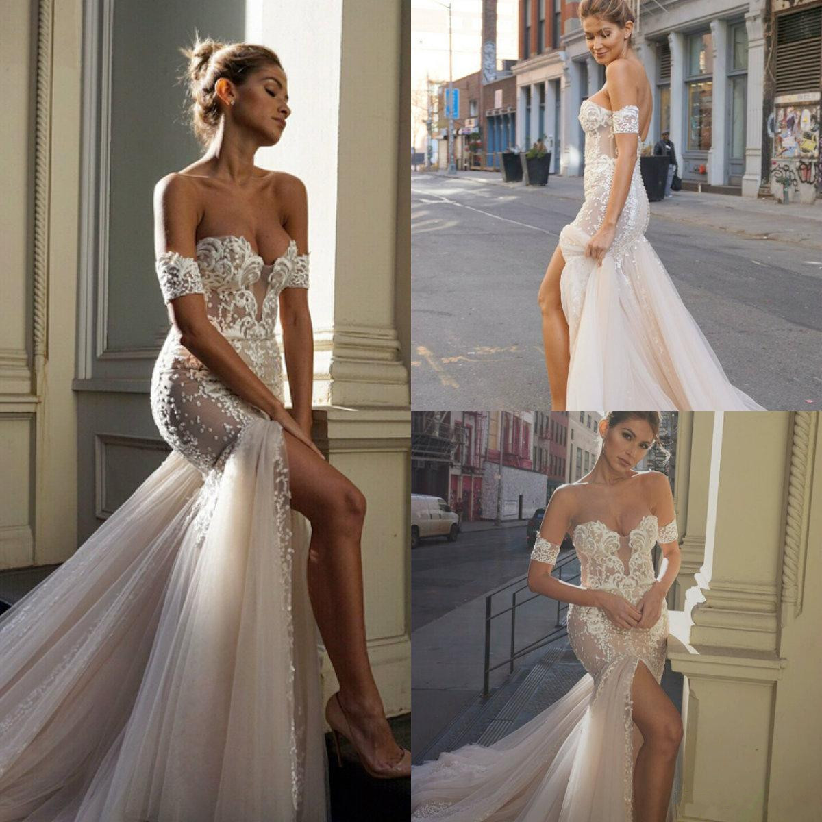 

2018 Pallas Couture Mermaid Beach Wedding Dresses Front Split Sweetheart Lace Applique Boho Bridal Gowns Sweep Train Bohemian Wedding Dress, Same as image