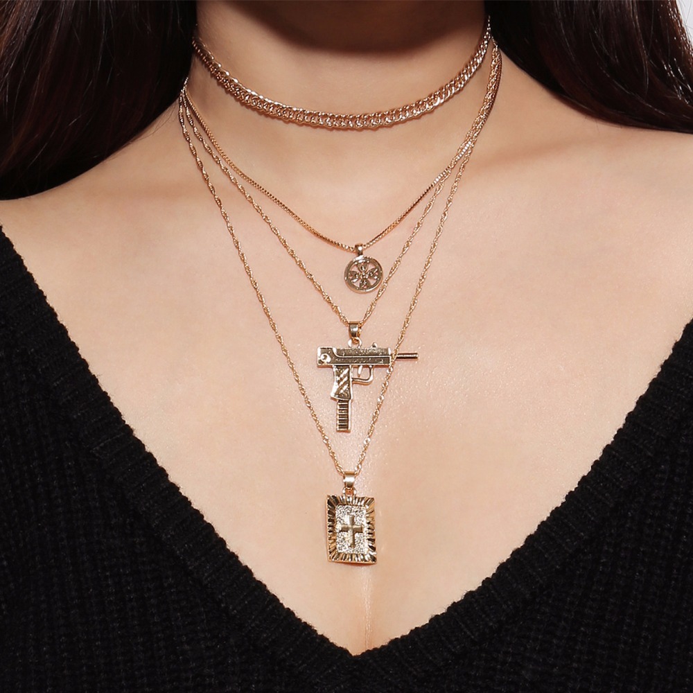 

SEDEX Gun Pendants Necklace Cross With Hip Hop Miami Cuban Chain Gold Silver Color long Necklace Men Women Jewelry