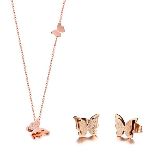 N282 Fashion Jewelry Set for Women Girls Ladeis IP Rose Gold Stainless Steel beautiful butterfly Pendant Necklace & Earring studs Set 16.8'&-image-419361769