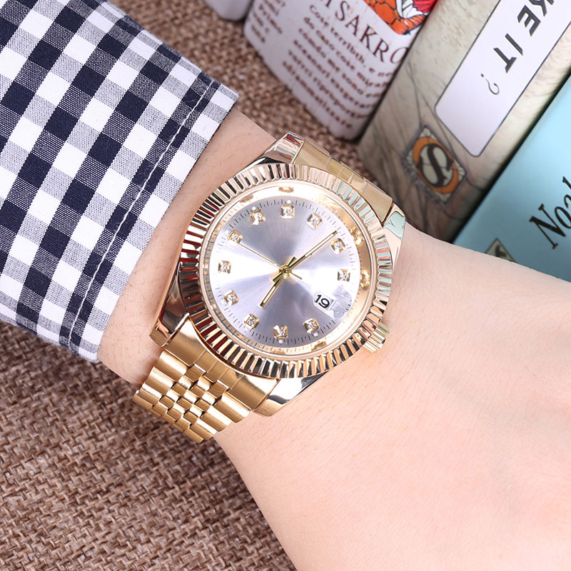 

relogio masculino diamond mens Watches luxury Watch fashion Black Dial Calendar gold Bracelet Folding Clasp Master Male gifts couples