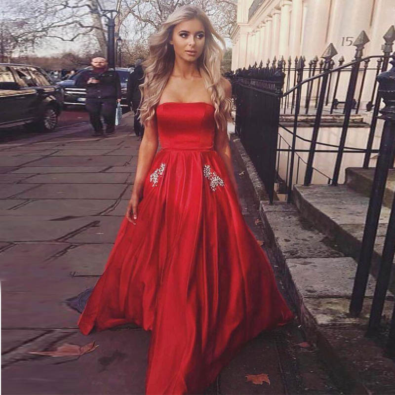 

Red Strapless Satin Long Prom Dresses Simple Crystal Pleated Floor Length Homecoming Dresses With Pockets Party Dresses, Light sky blue