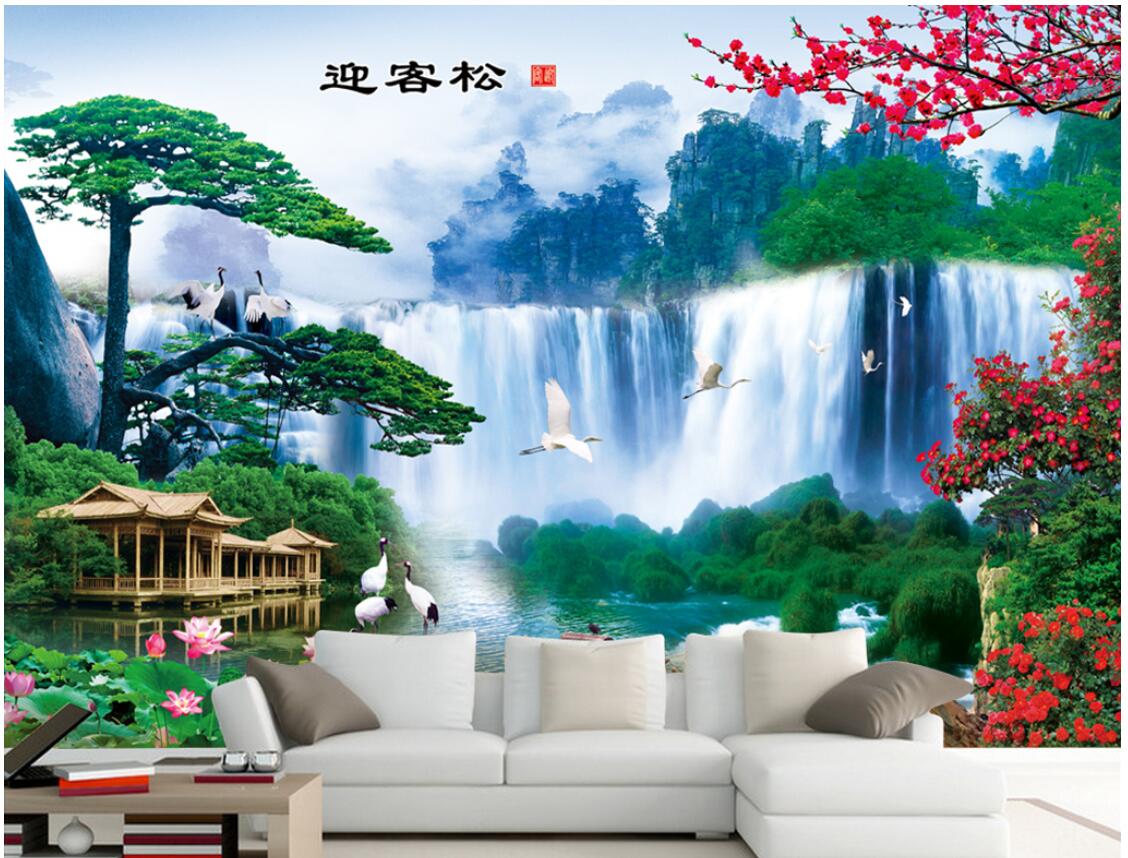 

3d wallpaper custom photo Welcome song waterfall feng shui landscape decoration painting TV sofa backg3d wall muals wall paper for walls 3 d, Green