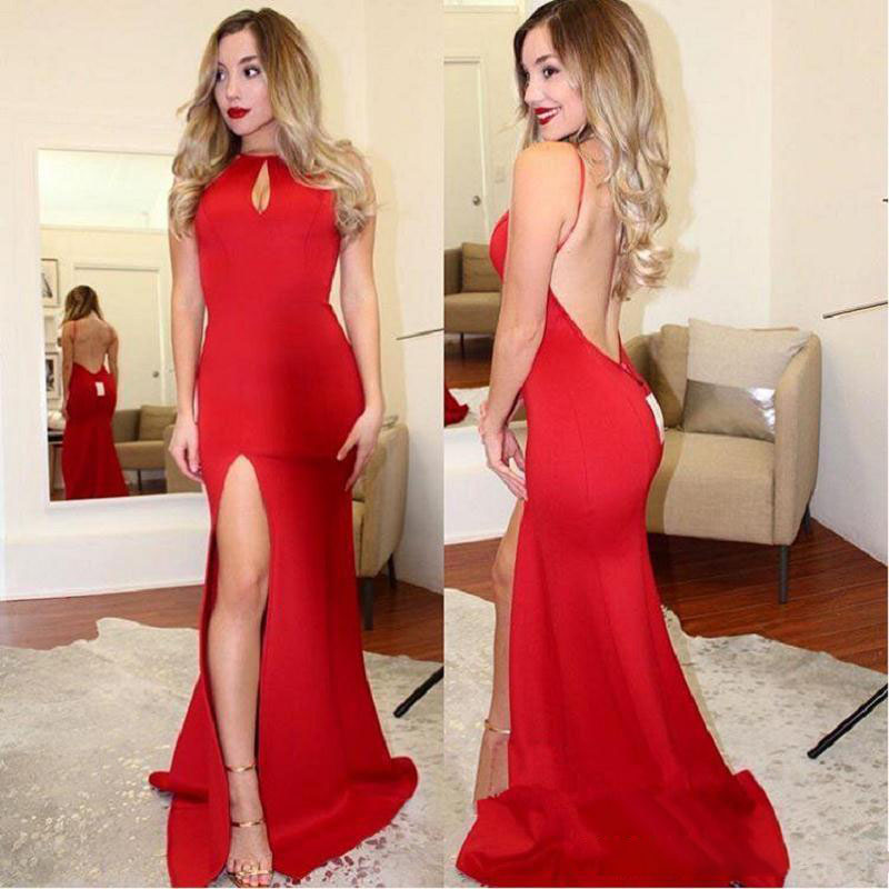 

Keyhole Neckline Sexy High Side Split Red Evening Dresses Open Back Sleeveless Long Mermiad Prom Gowns, Fuchsia