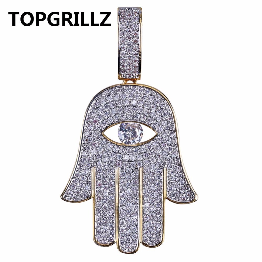 TOPGRILLZ Hip Hop Fatima Hand Eye Pendant Necklace Gold Color Plated Micro Pave Cubic Zirconia Choker For Men Women Three Chains