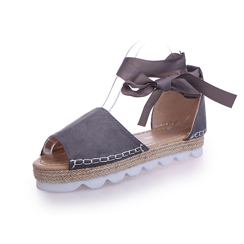 

1 pair 2018 New Women Flat Heel Bracelet strap flat with thick hemp rope breathable sandals 6colors Beach Shoes, Grey