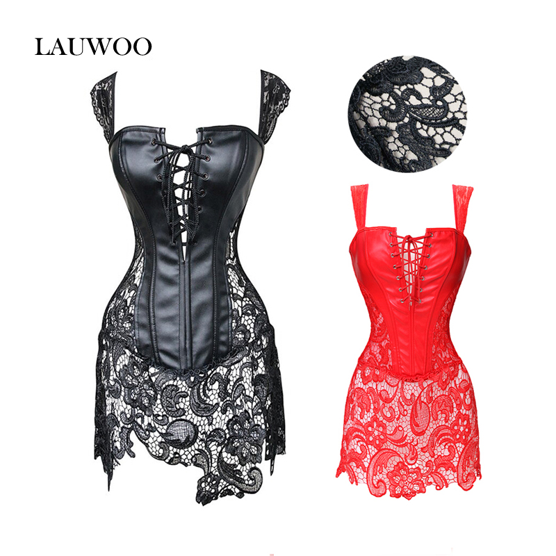 

Lauwoo Sexy Burlesque Lingerie Gothic Faux Leather Steampunk Corset Black Lace Shaperwear Bustier Overbust Korsett Plus Size, Color 3
