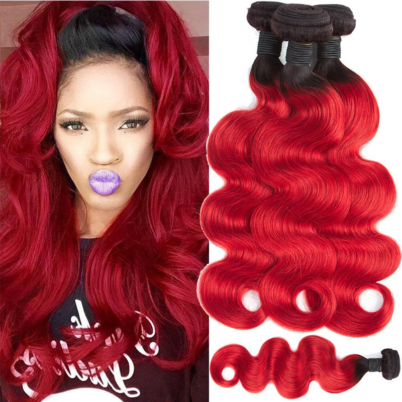 

Colored 1B/Red Brazilian Human Hair 4 Bundles Deals Cheap Brazilian Ombre Virgin Hair Weave Two Tone Body Wave Human Hair Extensions, Ombre color