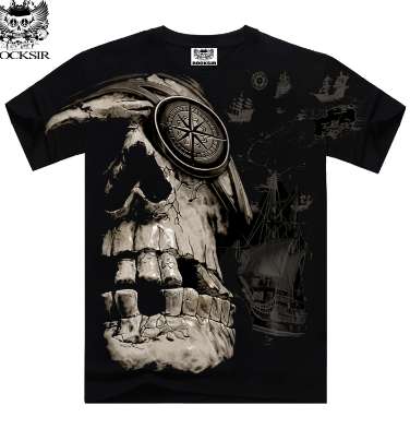 

Rocksir Summer Men's T shirt Skeleton Pirates t shirts for Men Skull Design full print black t shirt men brand clothing #129