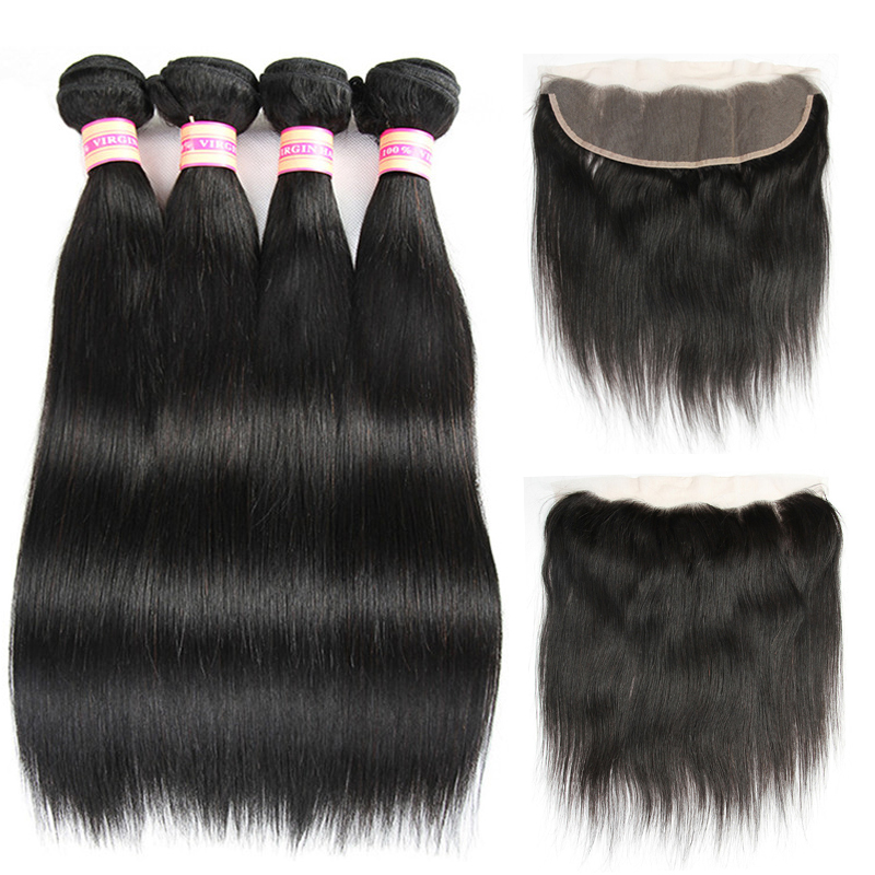 

Ear to Ear Lace Frontal With Bundles Brazilian Virgin Straight Hair With 13X4 Closure Human Hair Bundles With Frontal Hair Extensions, Black;brown
